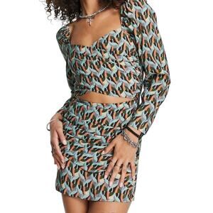 Topshop Multi Green Cutout Detail Long Sleeve Faux Wrap Mini Dress 6/Small NWOT